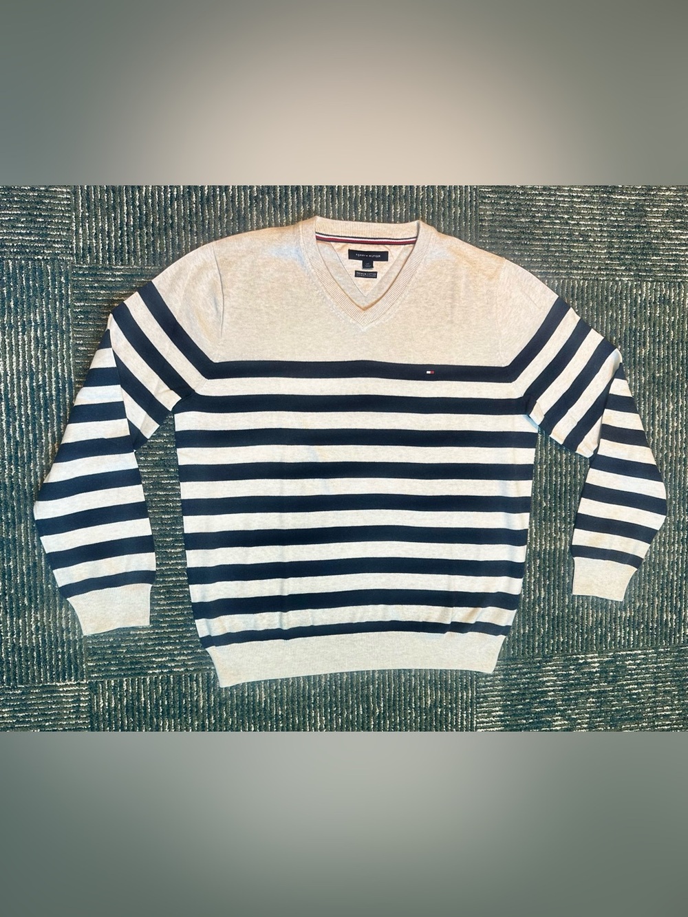 Tommy Hilfiger Mens V Neck Cotton Striped Ivory Navy Sweater Size L